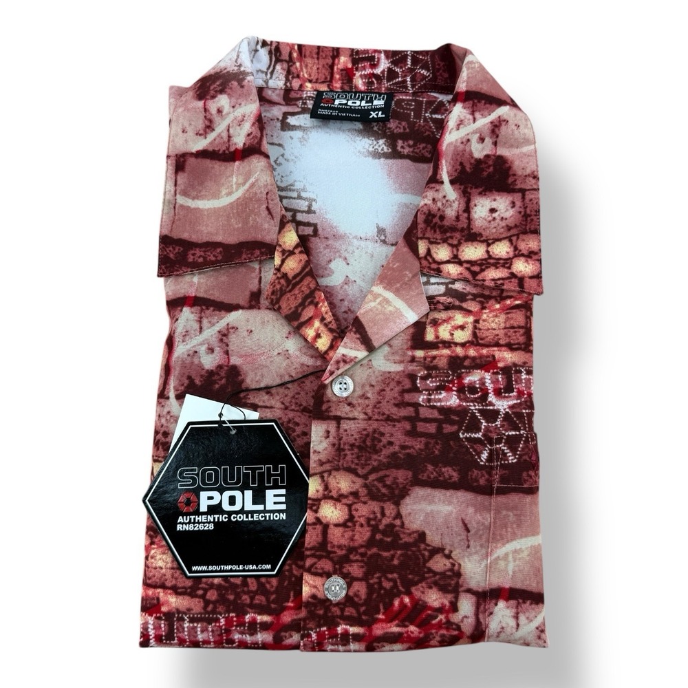 South Pole Red‎ Spellout Polyester Button Up Shirt XL Vintage NWT Short Sleeve